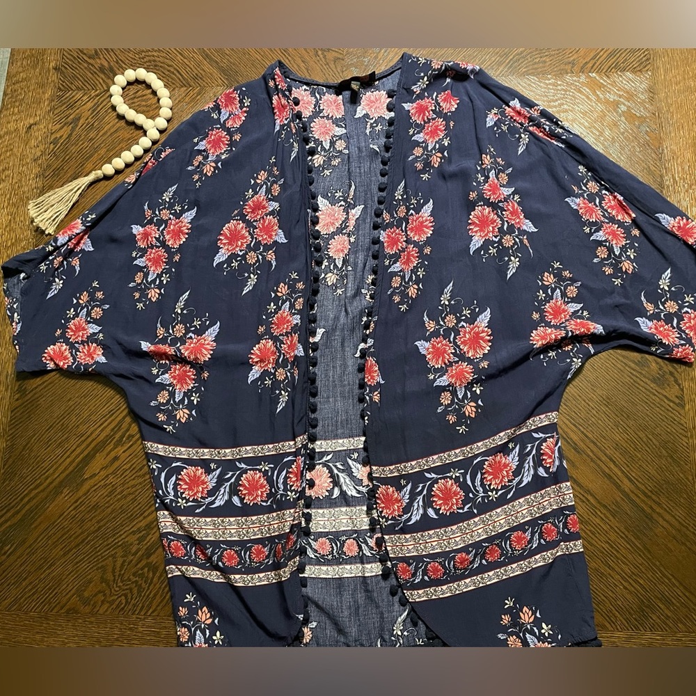 Shyanne Blue with Red Roses Kimono with Fringe Trim western kimono size S/M